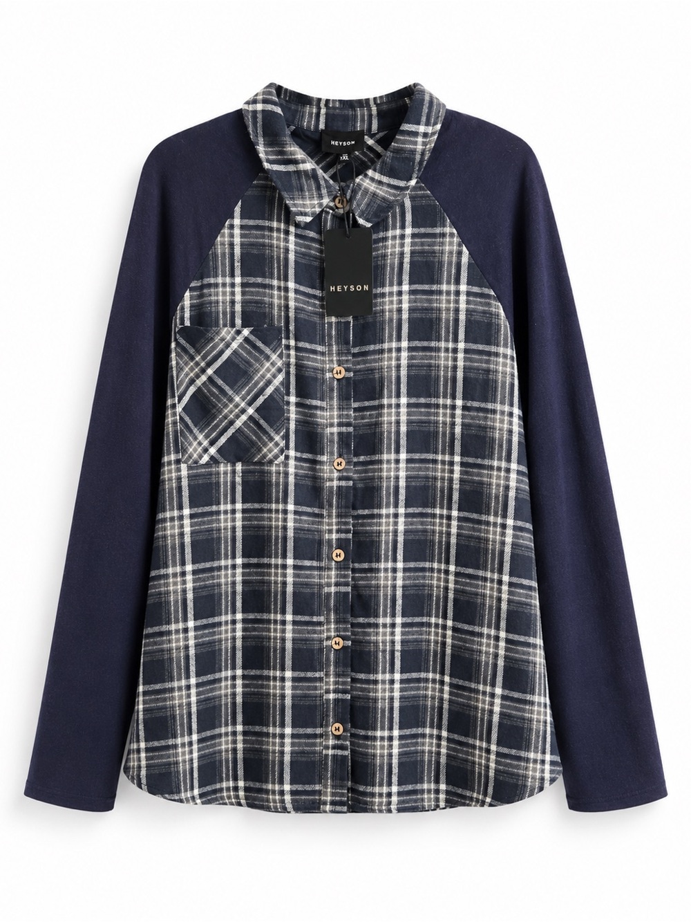 HEYSON NWT 1XL Navy Plaid Contrast Sleeve Button Down Shirt Plus Size